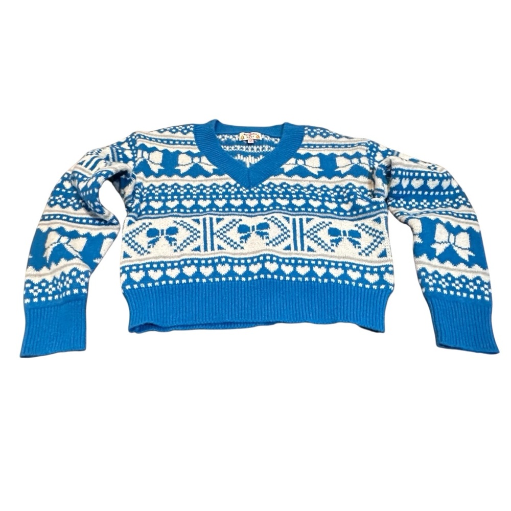 Poof sweater Woman’s vintage‎ Merry Christmas Blue & White Bow design Size Small